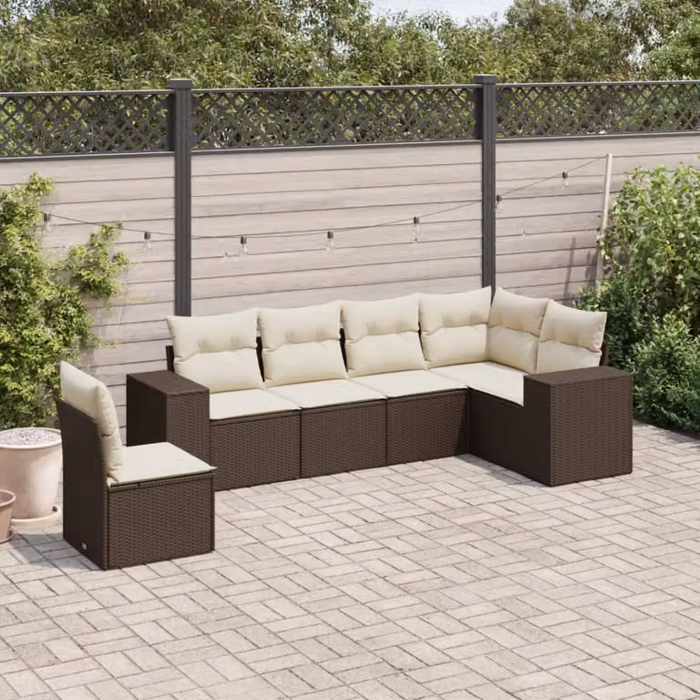 Set Divano da Giardino a L vidaXL 6 pz con Cuscini Marrone e Bianco in Polyrattan e Metallo