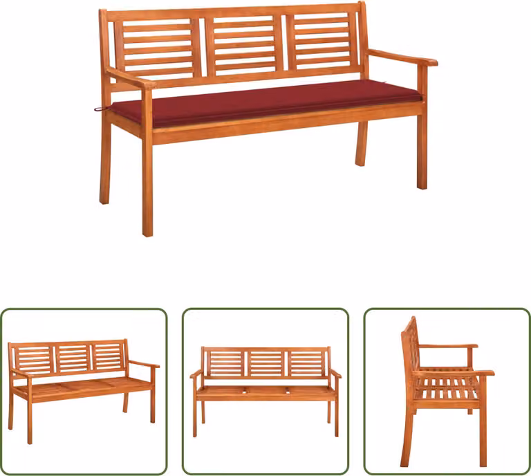 The Living Store Panca da giardino a 3 posti con cuscino 150 cm in legno massiccio eucalipto