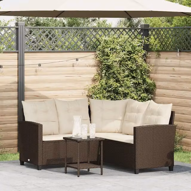 Divano da Giardino con Tavolo e Cuscini a L Marrone Polyrattan 4103873