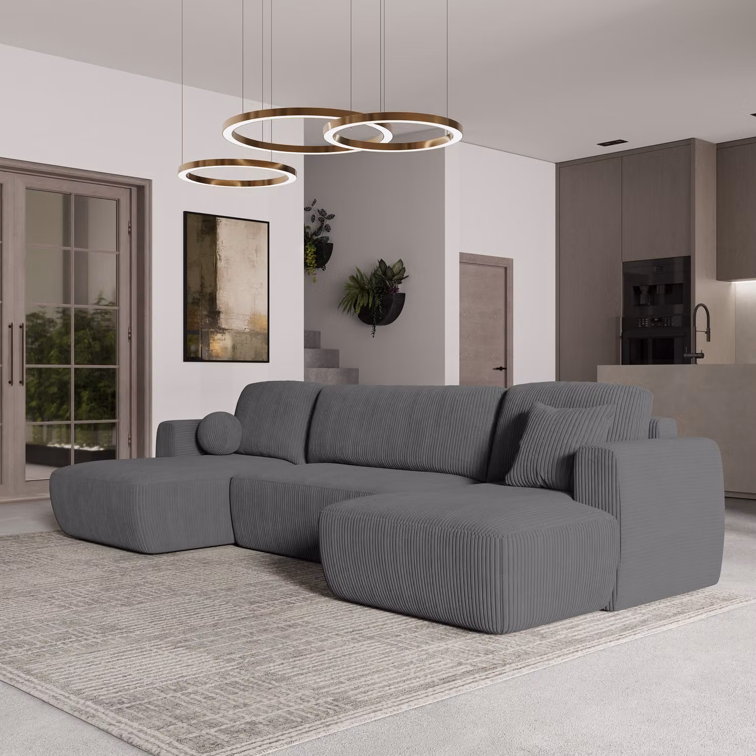Divano angolare SENTUM P di Masseno con funzione letto a U, divano con box letto, divano da salotto, divano, divano, divano letto, set di divani - grigio, POSO 60