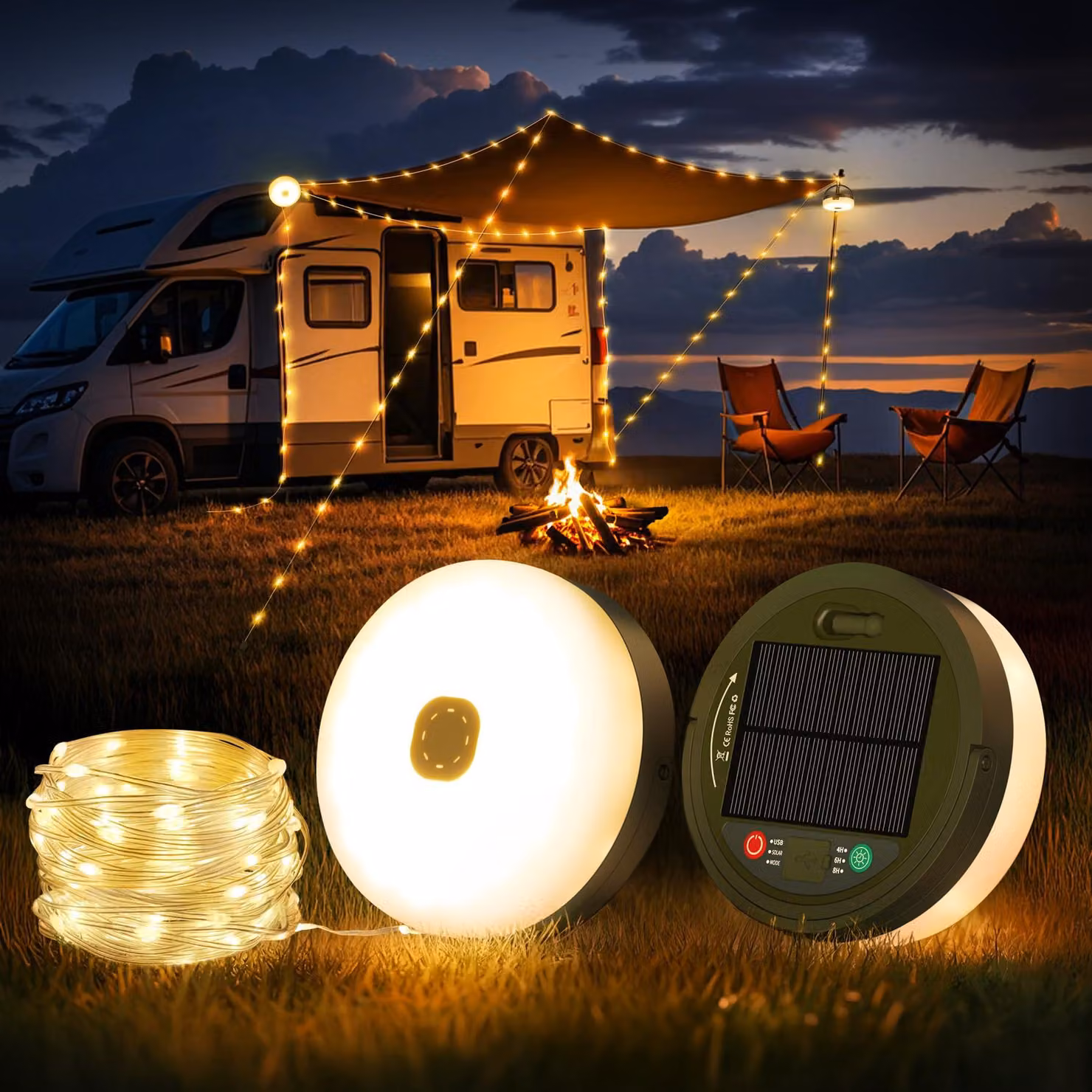 Catena luminosa da campeggio, lunghezza 10 metri, arrotolabile, 3-in-1, con alimentazione solare e USB, impermeabile
