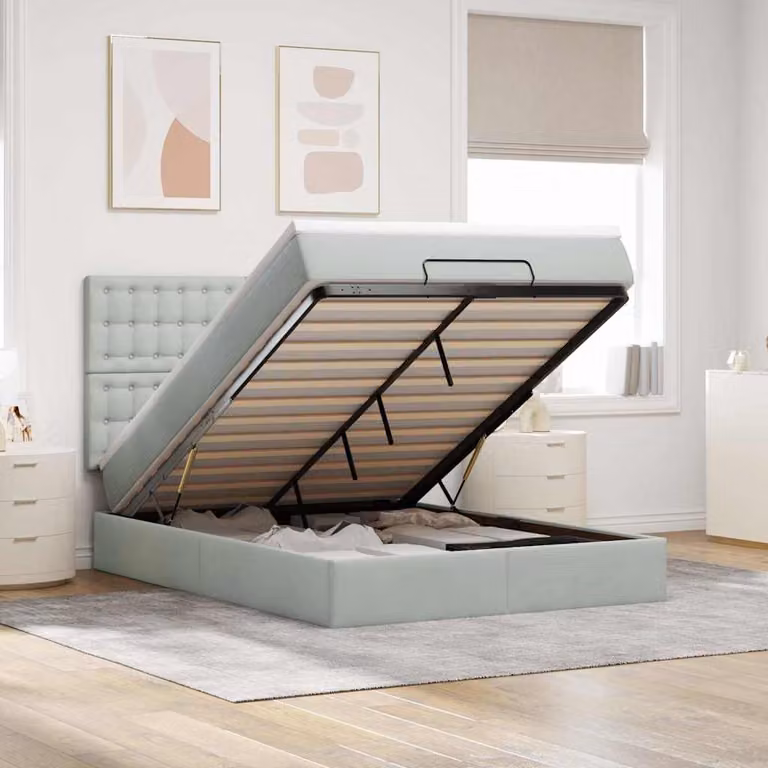 Letto con contenitore a sollevamento vidaXL in velluto con materasso, illuminazione sottostante e porta USB, L/P/H: 200 x 140 x 128 cm