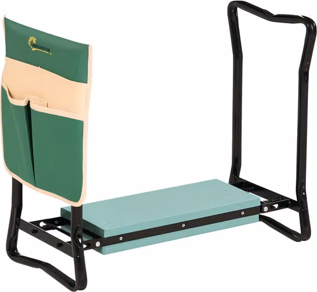 Panca da giardino pieghevole 2 in 1 Outsunny con inginocchiatoio, cuscini in EVA e borsa portaoggetti, Verde e Nero