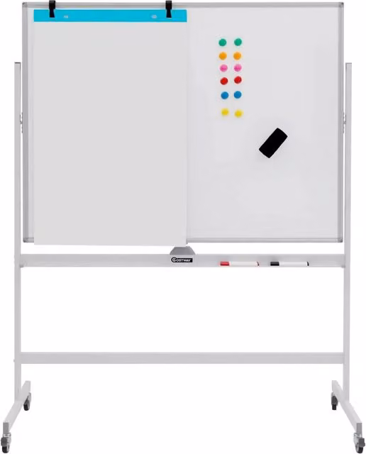 Lavagna Bianca Magnetica Doppia Costway con Ruote Bloccabili e Altezza Regolabile, Colore Bianco, L: 126 cm, P: 53,5 cm, H: 160-180 cm – 1