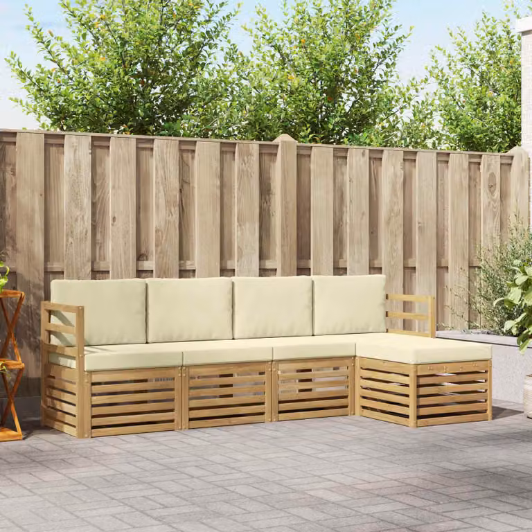 Set di divani da esterno vidaXL a forma di L con pouf, in legno di acacia e tessuto bianco e beige