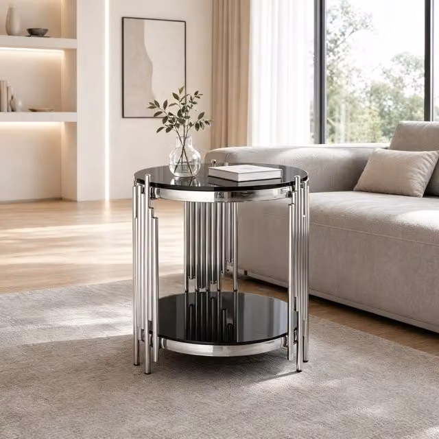 Tavolino da Salotto Rotondo Moderno 45 cm, Vetro Temperato 6 mm Nero con Telaio in Acciaio Inox Argento, Facile da Montare e Pulire per Soggiorno, Camera da Letto o Balcone
