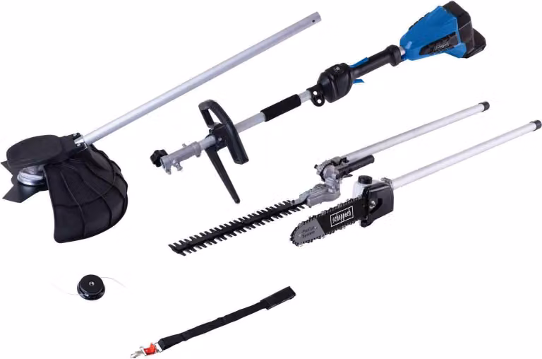 Utensile multifunzione a batteria Scheppach BC-MFH400-X | funzione 4in1 | 20V IXES | motore brushless | tagliabordi | decespugliatore | tagliasiepi | potatore per pali