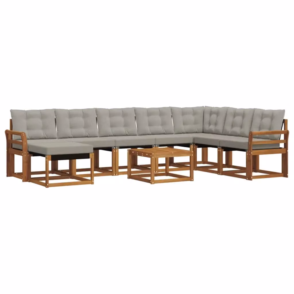 Set di divani da esterno a L vidaXL in legno di acacia con cuscini beige e grigio, composto da 9 pezzi con tavolino e pouf – 2