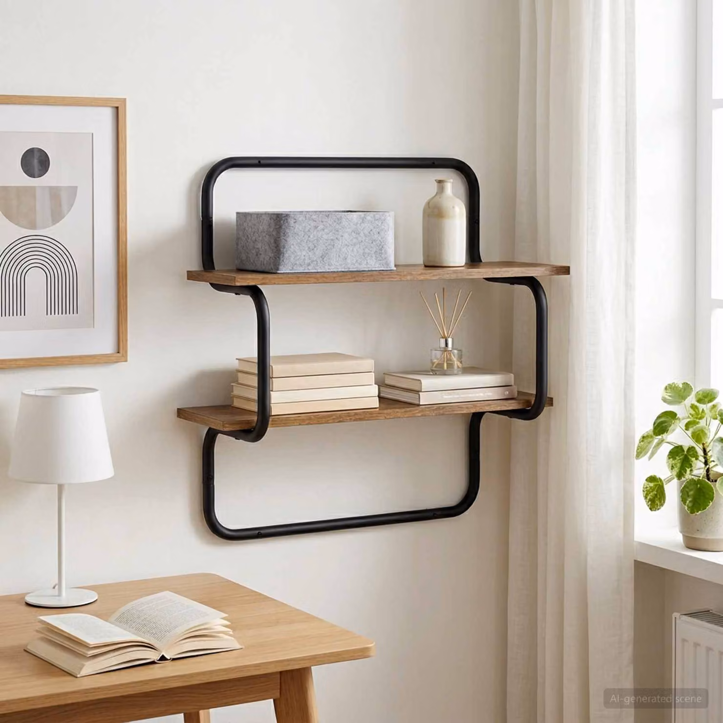 vidaXL Mensola a muro a 2 livelli in stile industriale, colore marrone, L 40 cm x P 24,5 cm x H 61 cm