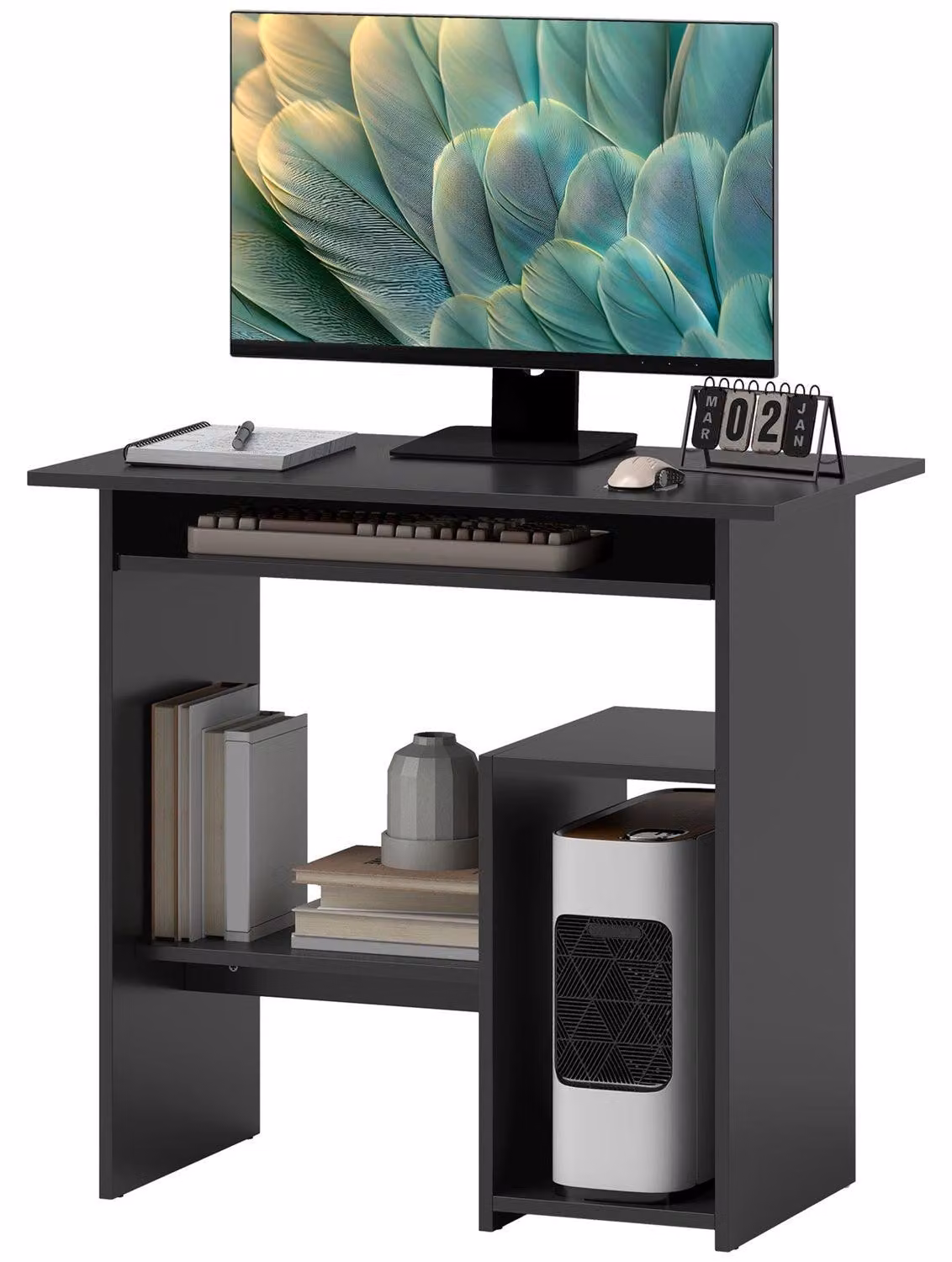 Tavolo per computer, scrivania con vani aperti e ripiani, tavolo da ufficio, scrivania per bambini, tavolo per PC per ufficio, studio, 80 x 45 x 75 cm, nero