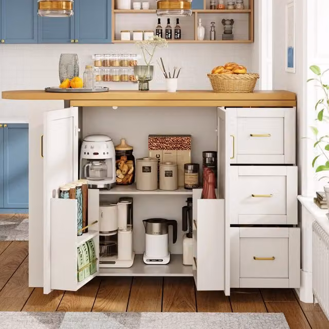 Mobile bar con 2 ante, 3 cassetti e ruote, vani laterali, per cucina e soggiorno, 135 × 39 × 104 cm