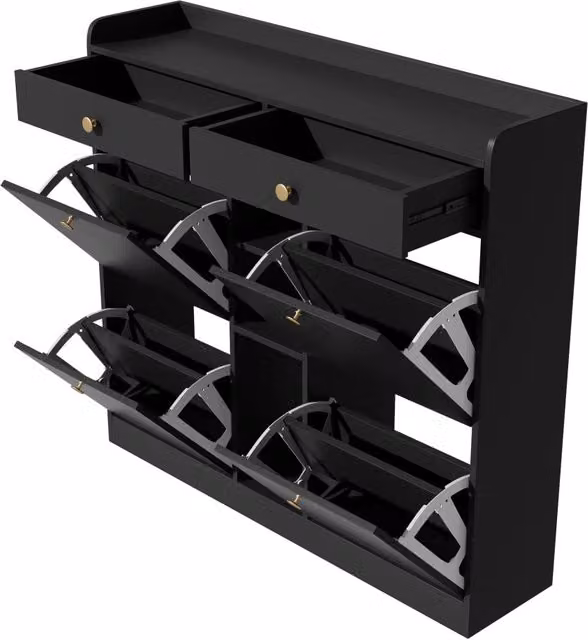 Armadio porta scarpe nero con 4 ante a ribalta, 2 cassetti e 3 scomparti aperti, 110x26x100 cm