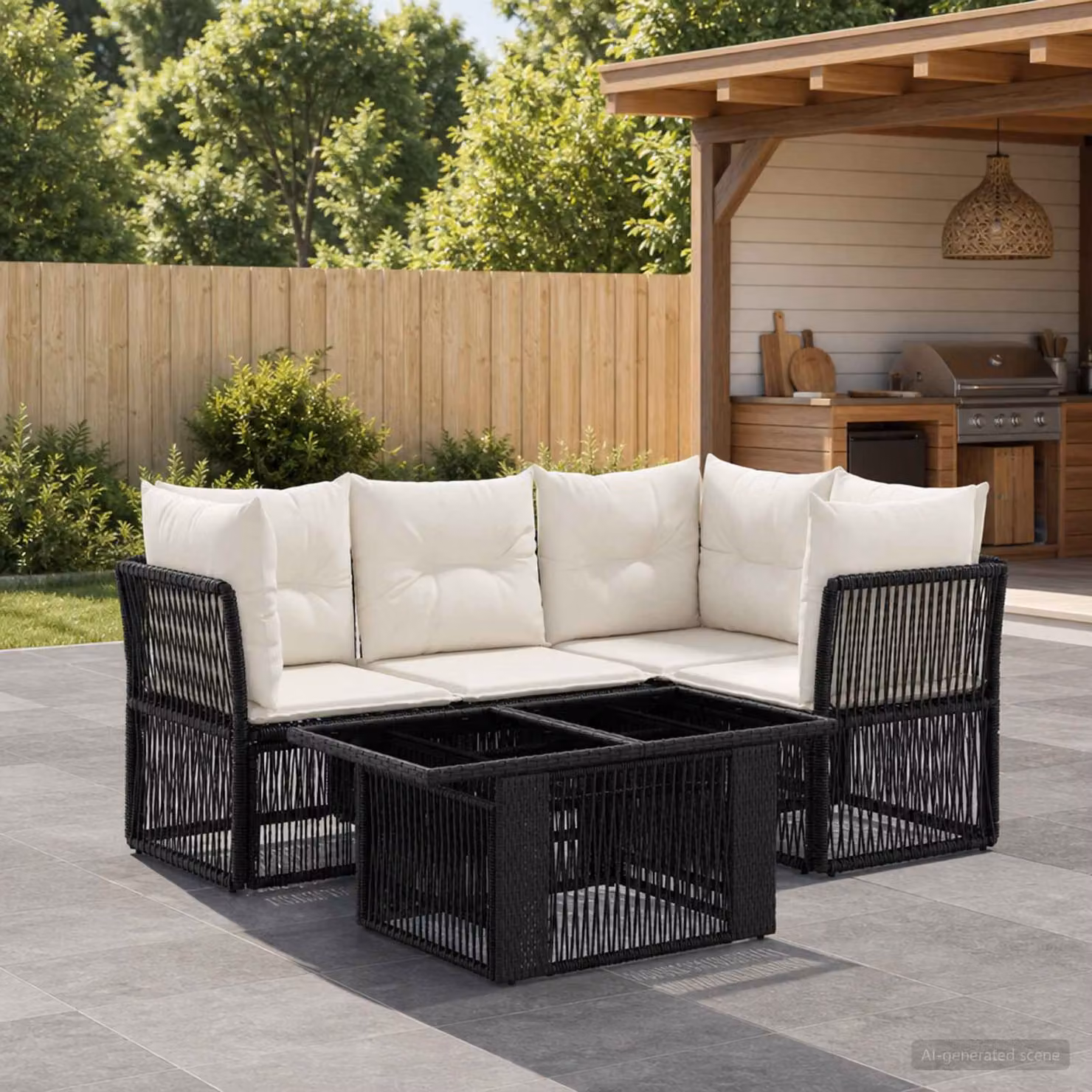 Set Divano da Giardino vidaXL 5 Pezzi a Forma di L in Polyrattan Nero con Tavolino e Cuscini