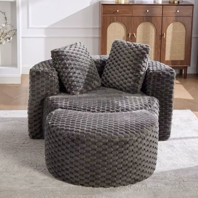 Poltrona con pouf senza montaggio in tessuto con seduta ergonomica moderna grigio scuro 130 × 115 × 103 cm
