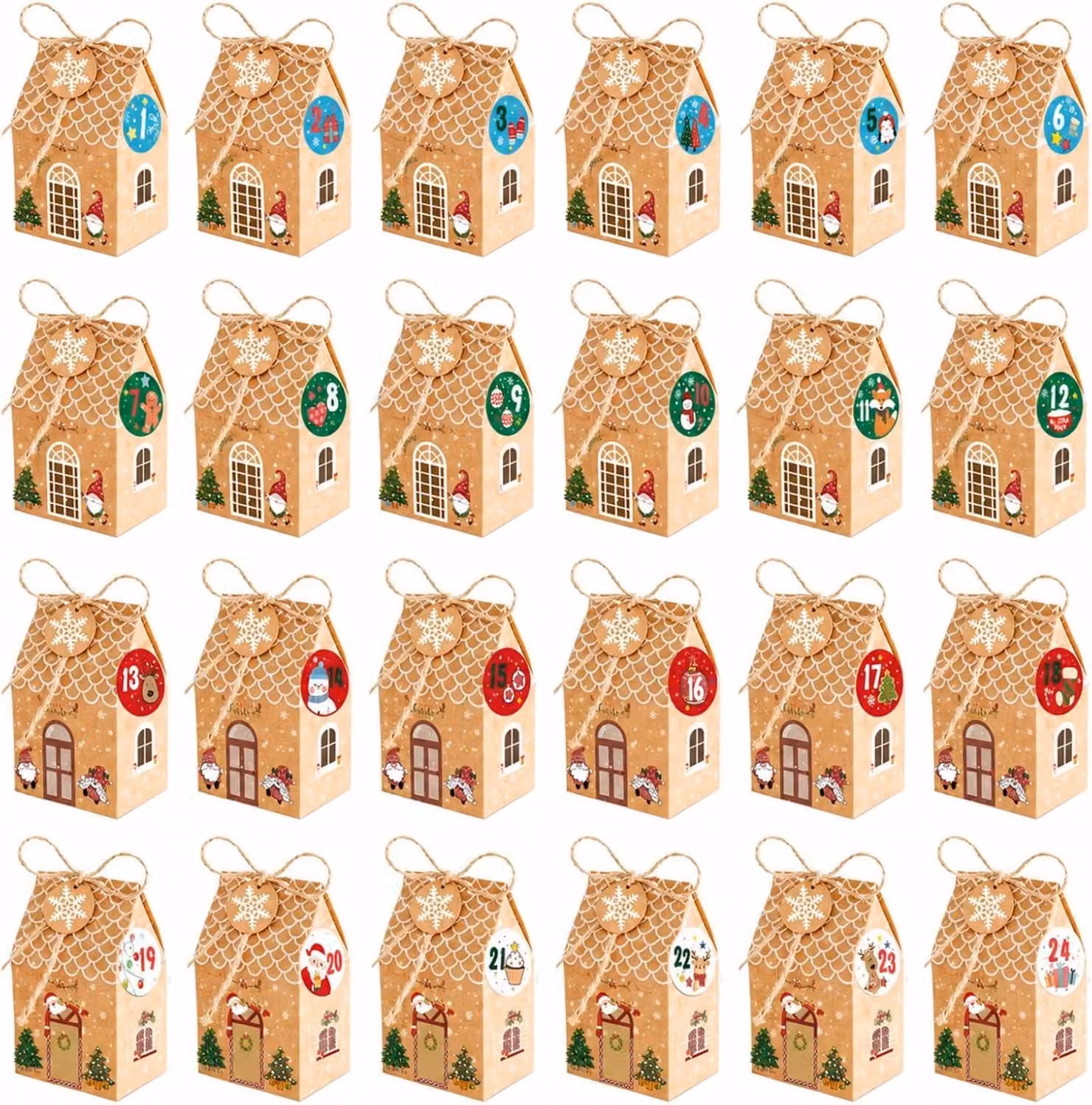 Confezioni regalo a forma di casetta, 24 pezzi, calendario dell'Avvento, confezione festiva per Natale