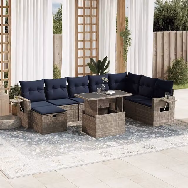Set Divani da Giardino 9 pz con Cuscini Grigio in Polyrattan 3275031