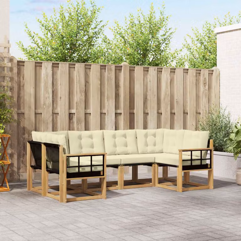 Set di divani da esterno vidaXL a forma di L composto da 6 pezzi in legno di acacia con cuscini in tessuto textilene bianco e beige