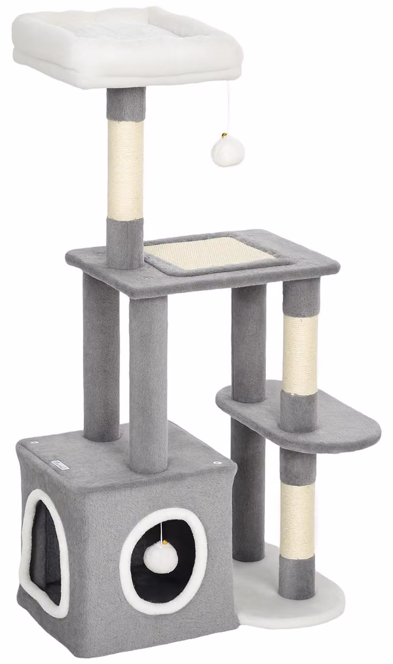 Torre grigia per gatti di grandi dimensioni, con tiragraffi e casetta per gatti | Colore: Grigio e Bianco | Dimensioni: 40x55x107 cm