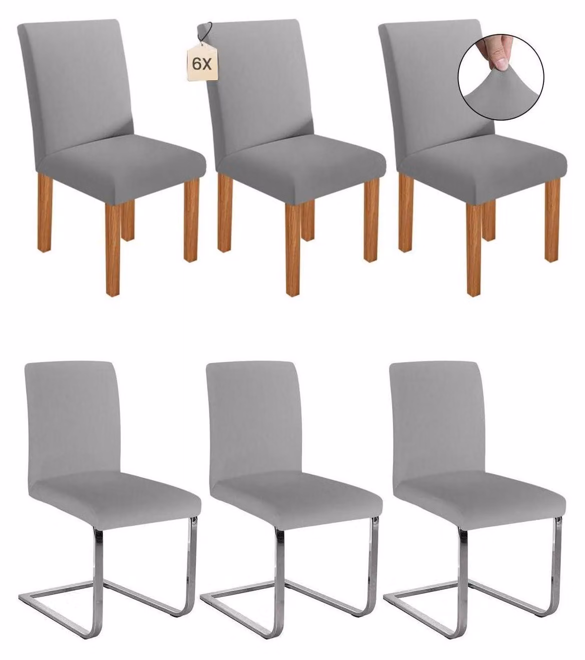 Copri-sedie elasticizzati, adatti a sedie a dondolo, removibili e lavabili, color grigio chiaro, set da 6