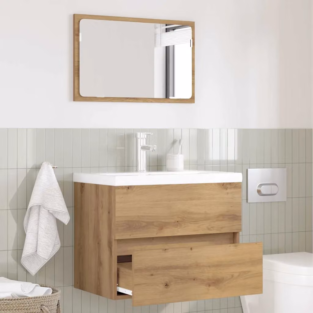 Set di mobili per il bagno vidaXL 2 pezzi moderno in rovere e metallo marrone e argento, composto da mobile lavabo e armadietto a specchio sospeso, L/P/H: 60,0 x 38,5 x 45,0 cm