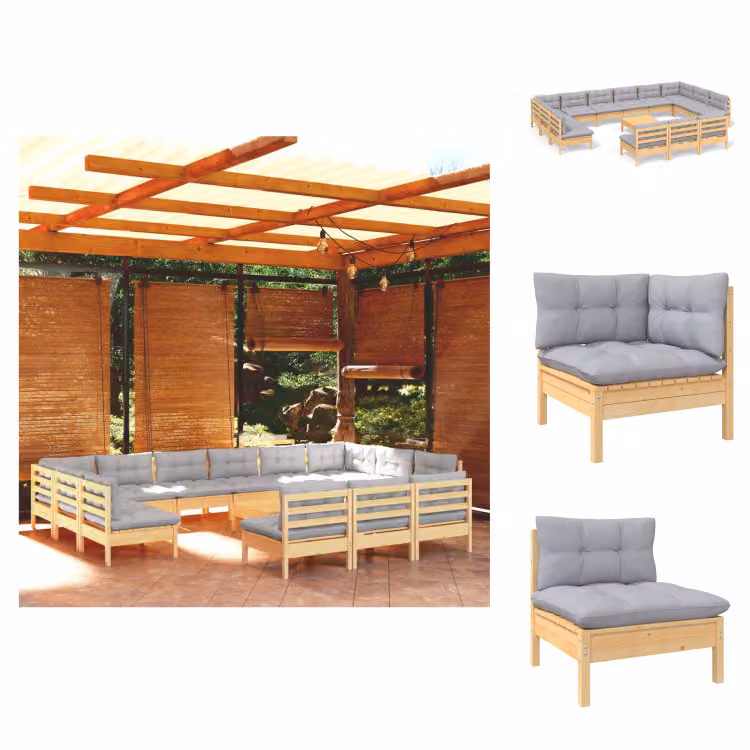 vidaXL set da salotto da giardino 14 pezzi con cuscini grigi in pino massiccio - Set di mobili da giardino