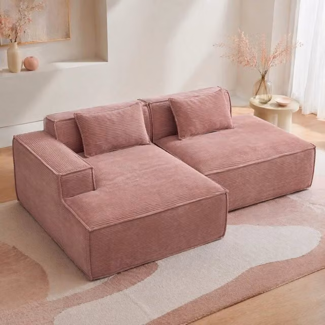 Divano moderno MIVRAY in velluto a coste rosa con seduta imbottita e cuscini inclusi L: 235 cm