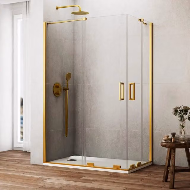 Box doccia angolare KENNA con apertura al vertice e scorrimento, vetro trasparente e finitura oro spazzolato, L: 120 cm, P: 70 cm