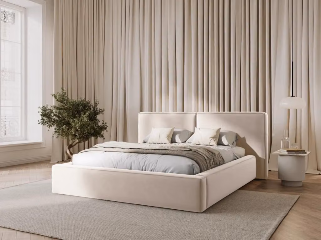 Letto con cassettone e testiera doppia Arendal di Cosmopolitan Design in velluto beige chiaro L/P/H: 180 x 200 cm – 2