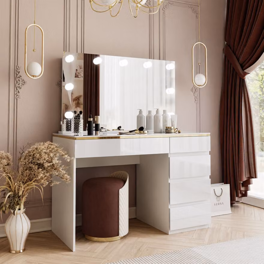 Tavolo da trucco AURORA II ELITE Bianco / Bianco lucido con specchio e illuminazione