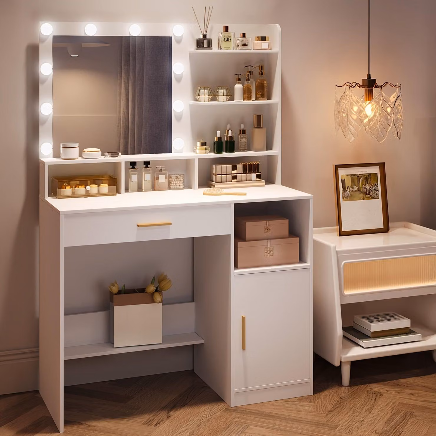 Comò elegante con specchio e illuminazione a LED – comò bianco con ripiani e cassetto