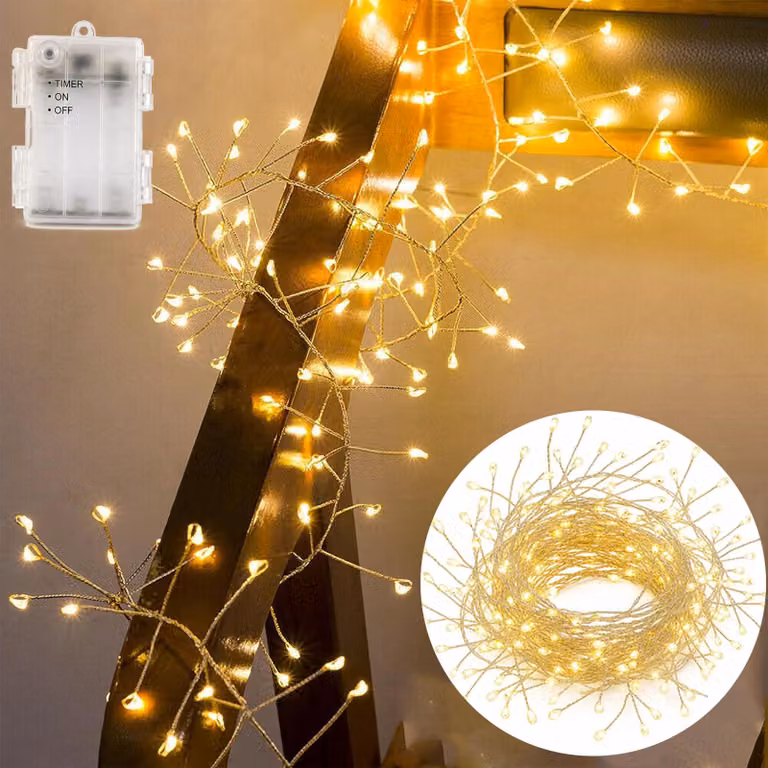Catena luminosa a micro-LED, lunghezza 3 metri, 100 LED, luce bianco caldo, alimentazione a batteria, grado di protezione IP65