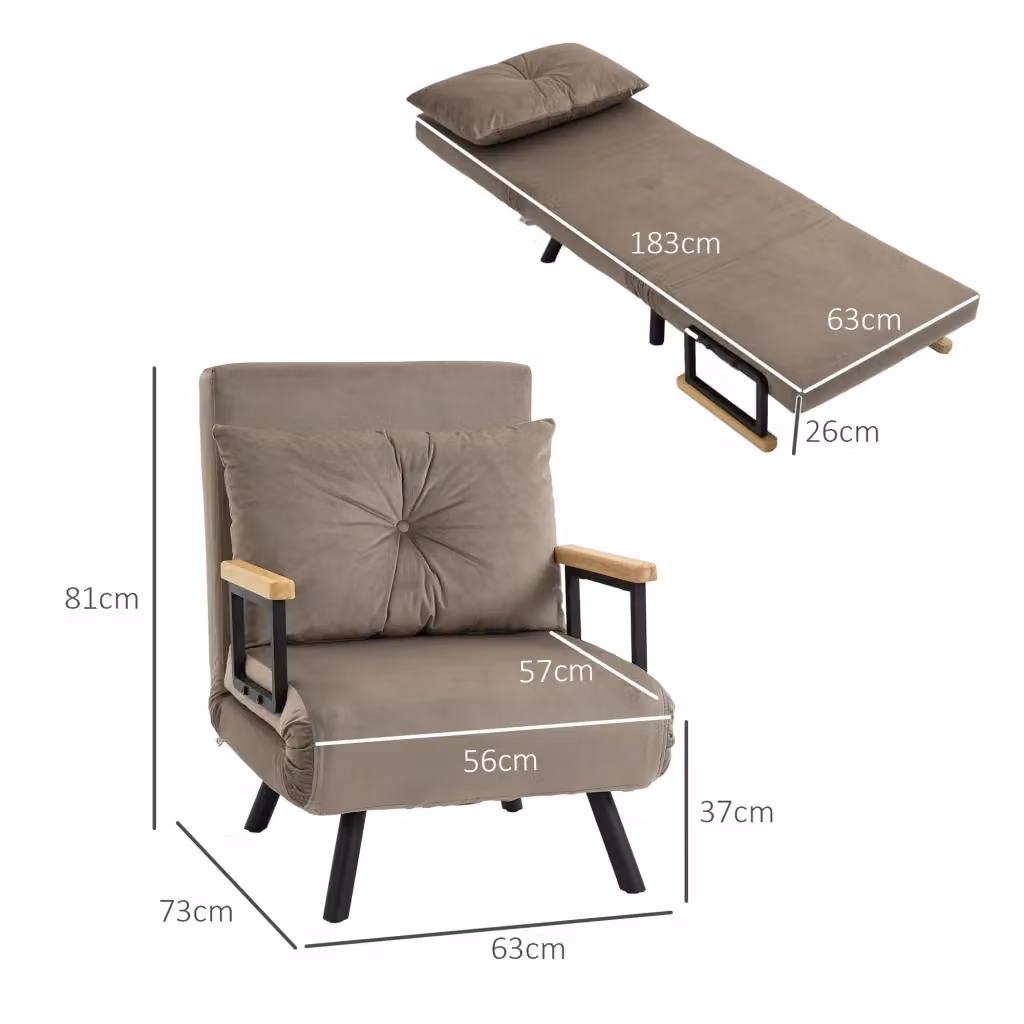 Poltrona letto pieghevole WISHDOR con schienale reclinabile e braccioli, tessuto effetto velluto, grigio, L: 63 cm, P: 73 cm, H: 81 cm – 2