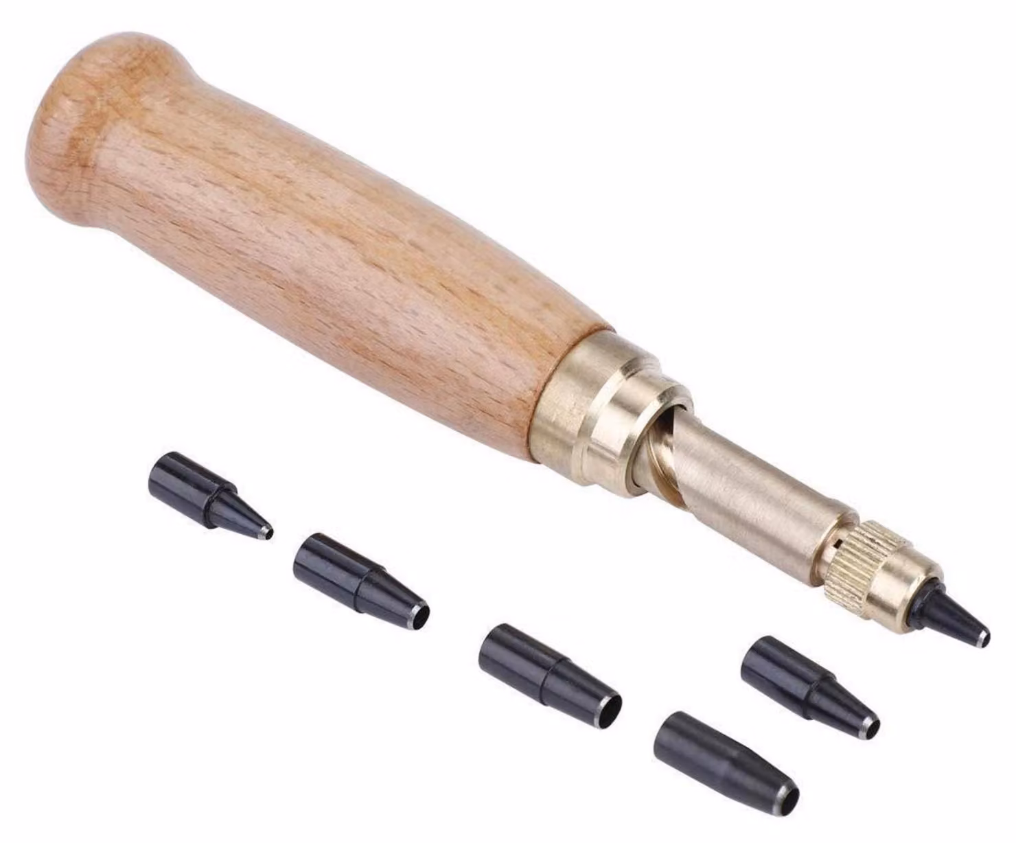 Punzatore per cuoio con 6 punte, da 1,5 a 4 mm, con manico in legno e corpo in metallo