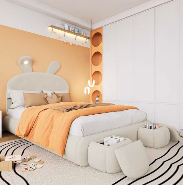 Letto imbottito 140x200 cm con contenitore e LED in velluto beige