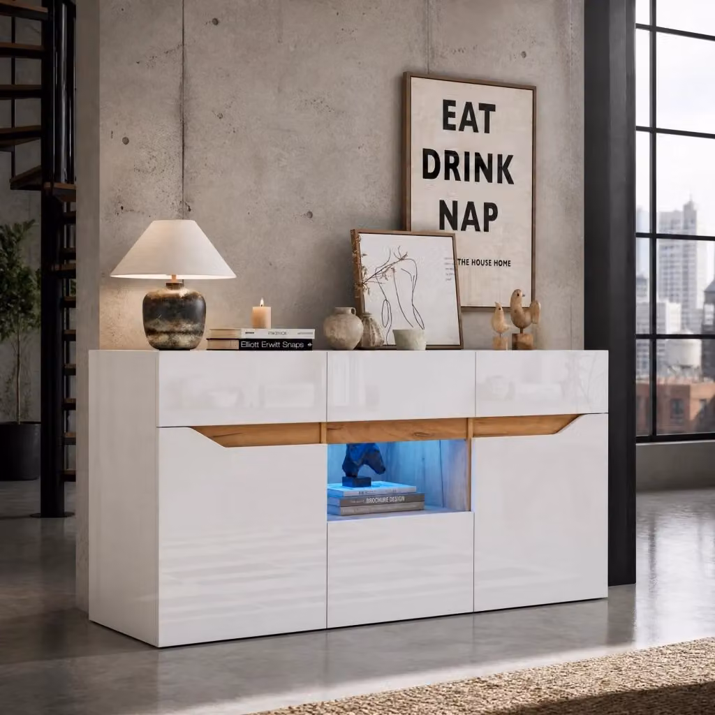 Madia moderna Mivray con illuminazione LED controllata tramite app, 4 cassetti e 2 armadietti, finitura lucida bianco e legno, L 140 x P 40 x H 70 cm – 2