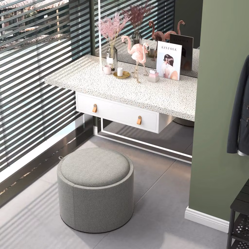 Pouf poggiapiedi contenitore rotondo MIVRAY in MDF grigio con effetto lino e coperchio ribaltabile L/P/H: 42 x 56 x 56 cm – 2