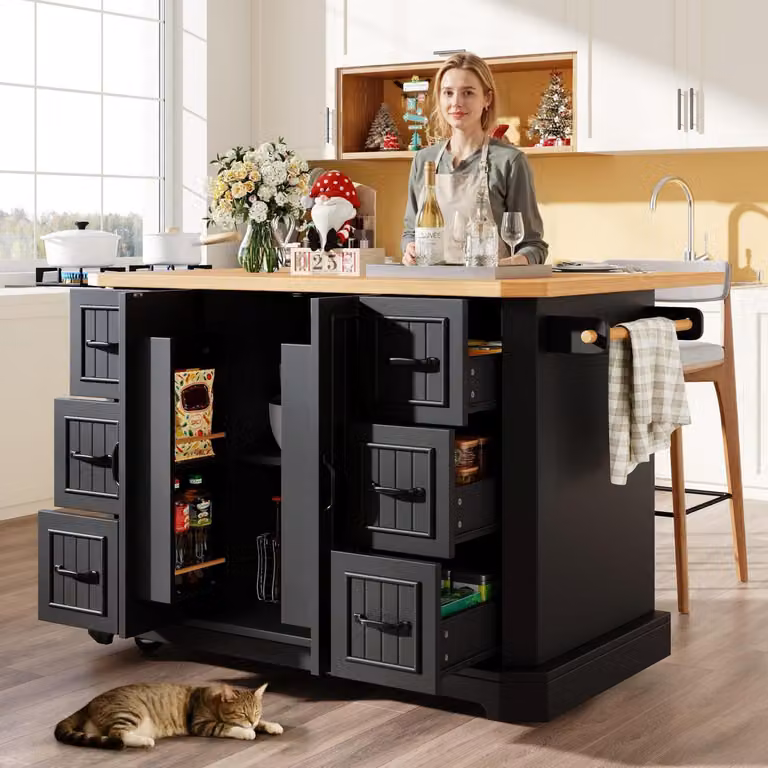 Isola da cucina mobile con 2 ante e 6 cassetti, dotata di ruote, dimensioni 120x45x91 cm, colore nero