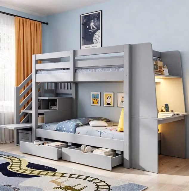 Letto a castello moderno per bambini in legno e materiali compositi grigio con scrivania, scala contenitore, cassetti, illuminazione LED e porta USB, L/P/H: 200 x 90 x 176,3 cm