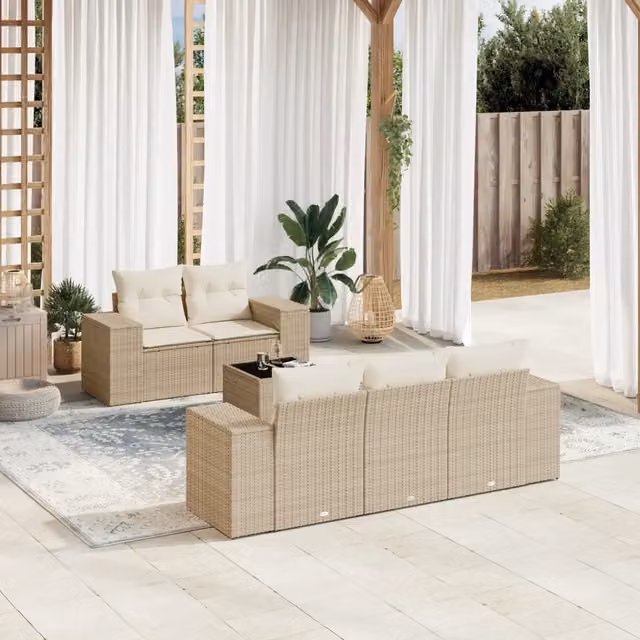 Set da giardino moderno vidaXL in polyrattan composto da 6 pezzi con cuscini beige e tavolino da esterno