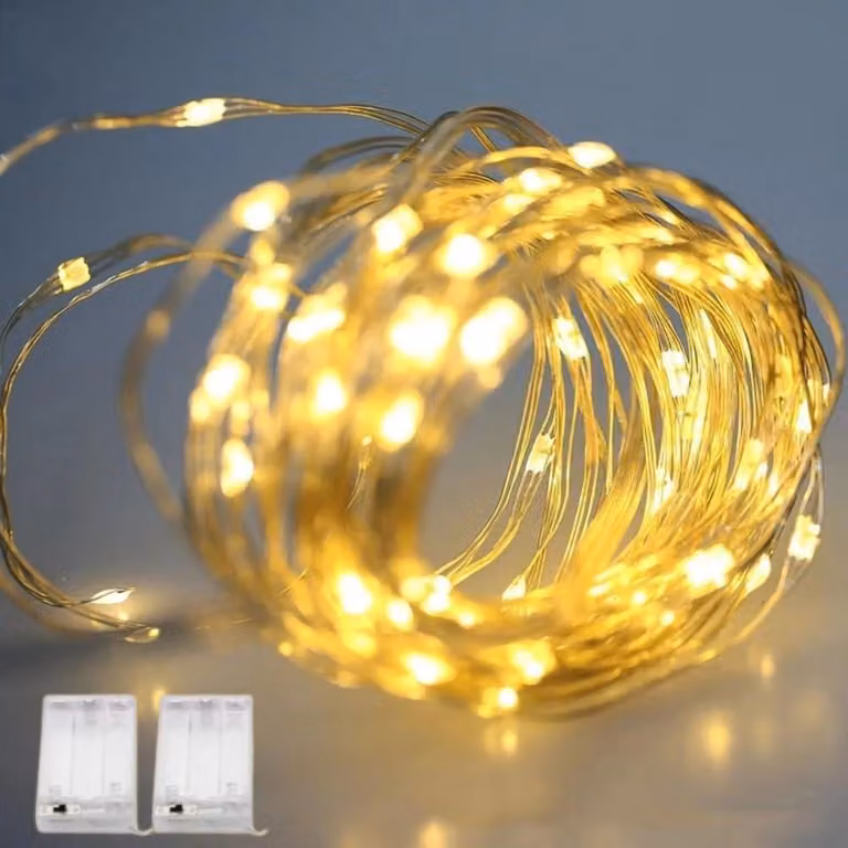 Catena luminosa a LED, 2 x 6 metri, 60 LED, luce bianco caldo, filo argentato, alimentazione a batteria