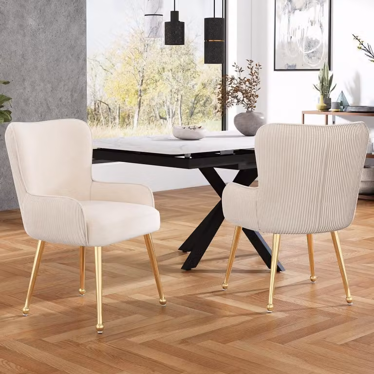 Sedia da pranzo - Sedia - Sedia a conchiglia - Set da 2 - Design elegante - Beige - Gambe in metallo dorato - Con braccioli