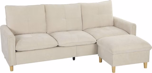 Divano ad angolo HOMCOM a 3 posti con pouf contenitore, tessuto effetto lino, L/P/H: 210 x 77 x 80 cm, Crema