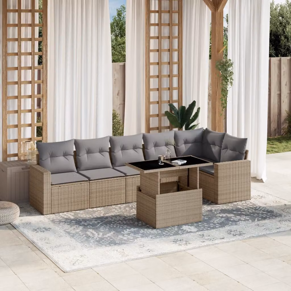 Set di divani da giardino vidaXL in polyrattan beige con cuscini e tavolino da esterno a forma di L – 1