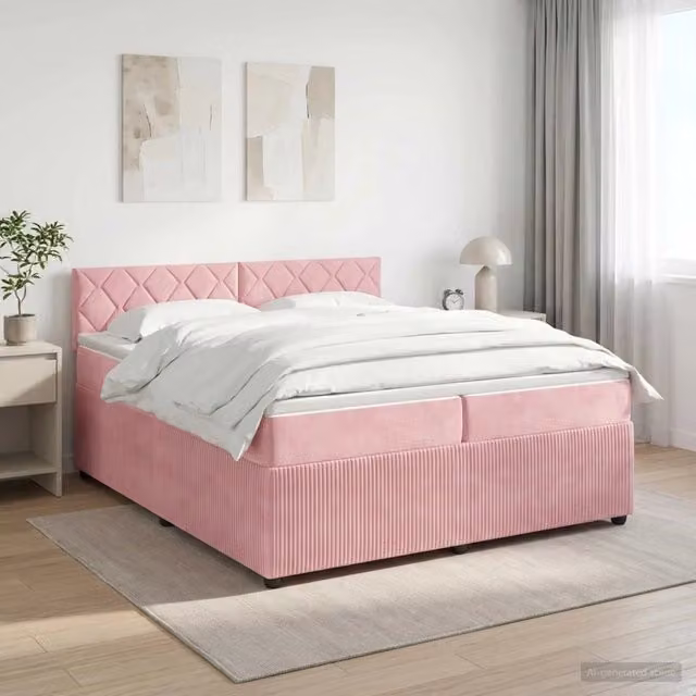 Letto box spring con materasso ibrido vidaXL in velluto rosa e bianco con base a sollevamento, illuminazione sottostante e porta USB, L/P: 200 x 200 cm