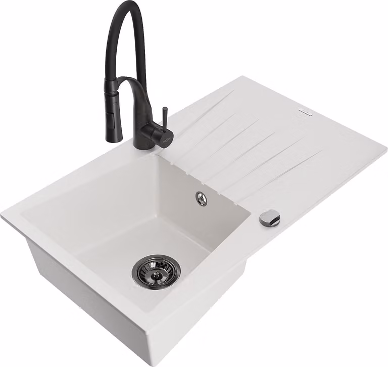 Mexen Cesar lavello in granito a 1 vasca con scolapiatti e miscelatore cucina Aster, bianco - 6514-20-73450-70-B