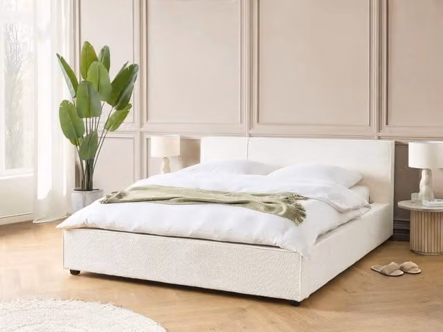 Letto matrimoniale Beliani in tessuto bouclé bianco con struttura in legno di faggio stile moderno L/P: 160 x 200 cm – 1