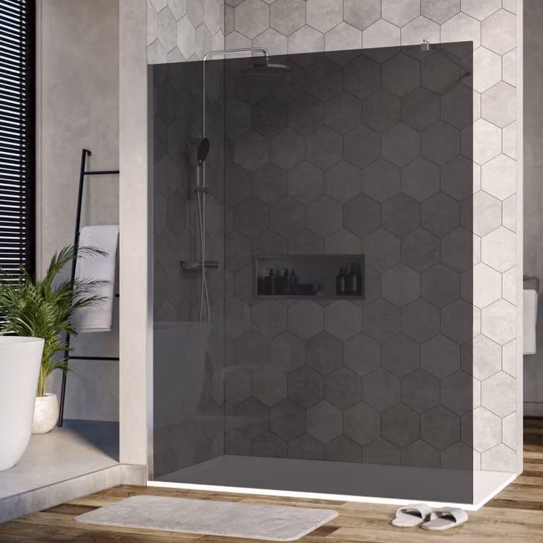 Box doccia Walk-In Nano in vetro vero EX101 - Vetro grigio - 10 mm - Profilo a muro cromato - Larghezza a scelta, larghezza Walk-In: 1400 mm
