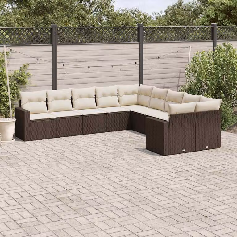 Set di Divani da Giardino vidaXL 10 Pezzi con Cuscini in Polyrattan e Acciaio Marrone e Bianco