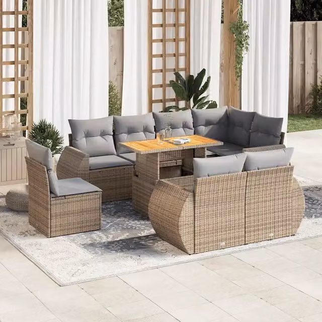 Set Divano da Giardino 9 pz vidaXL in Polyrattan con Cuscini Beige e Grigio e Struttura in Legno di Acacia Oliato – 1