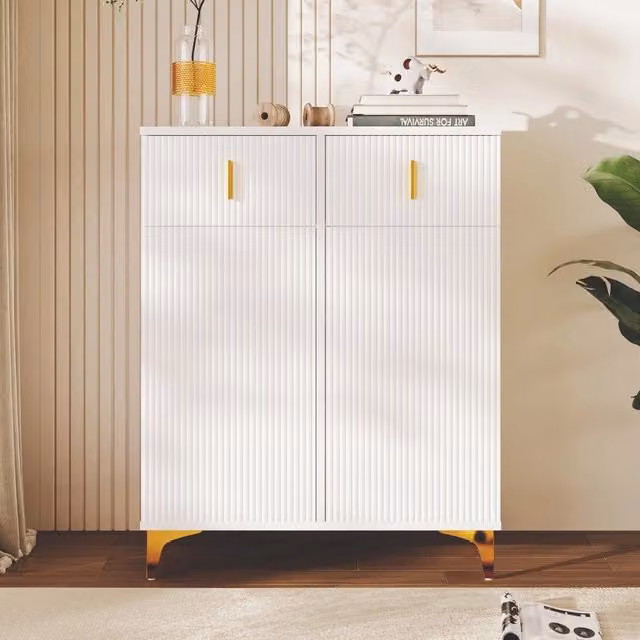 Sideboard Scarpiera Minimal con Cassetti e Ripiani Regolabili Bianco e Oro